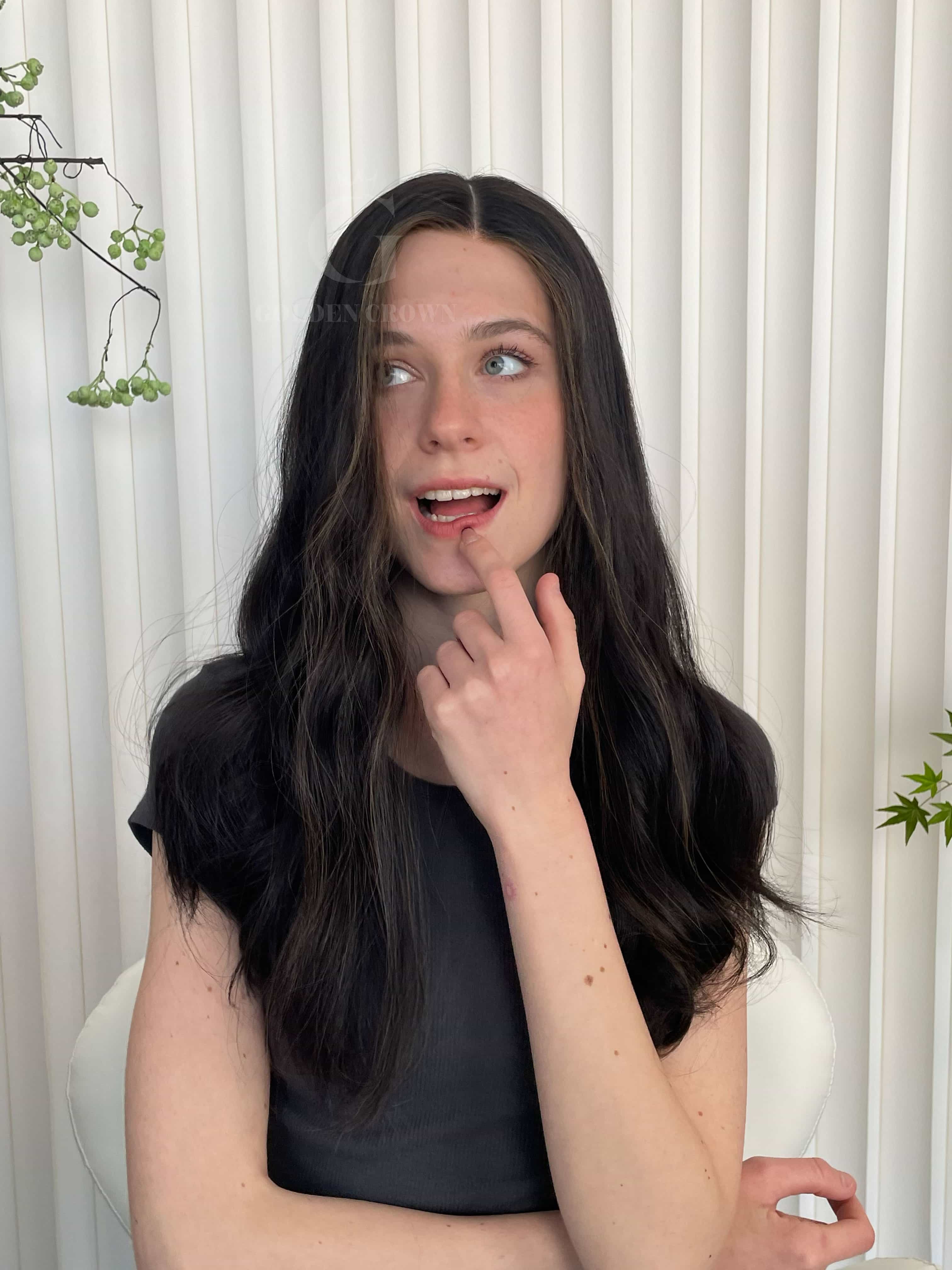 Seraphina Lace Top Base 100% Human Hair Wigs Model Front View GoldenCrownWigs.com